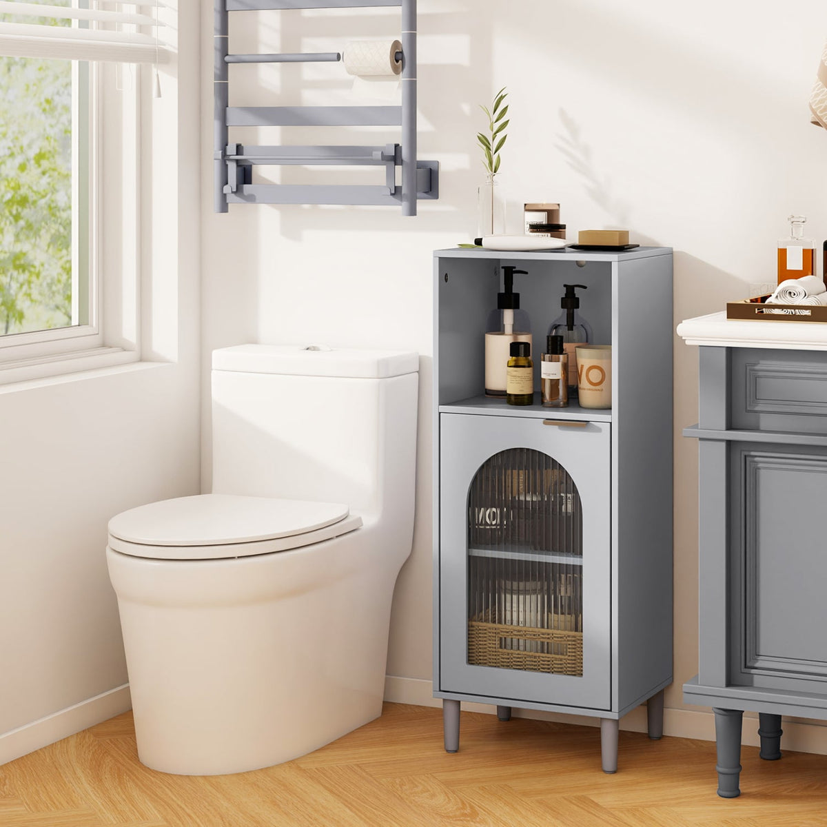 Bathroom Floor Cabinet - Gray Wood Storage Organizer 35.5" H-Floor Cabinets-DECOROLALA
