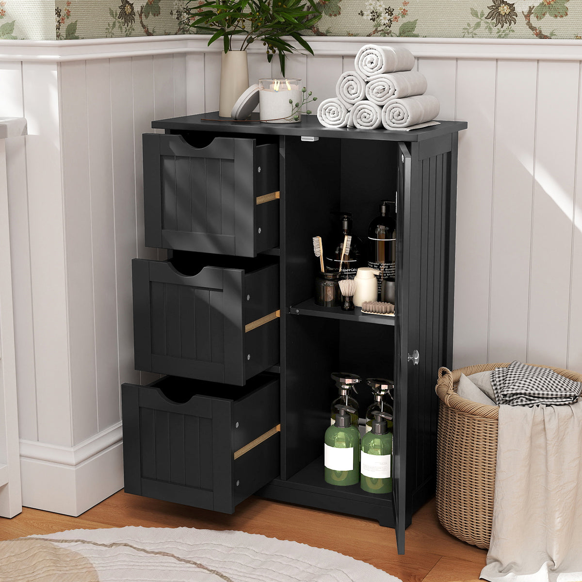 Bathroom Floor Cabinet Side Storage Cabinet with 3 Drawers and 1 Cupboard-Black-Floor Cabinets-DECOROLALA