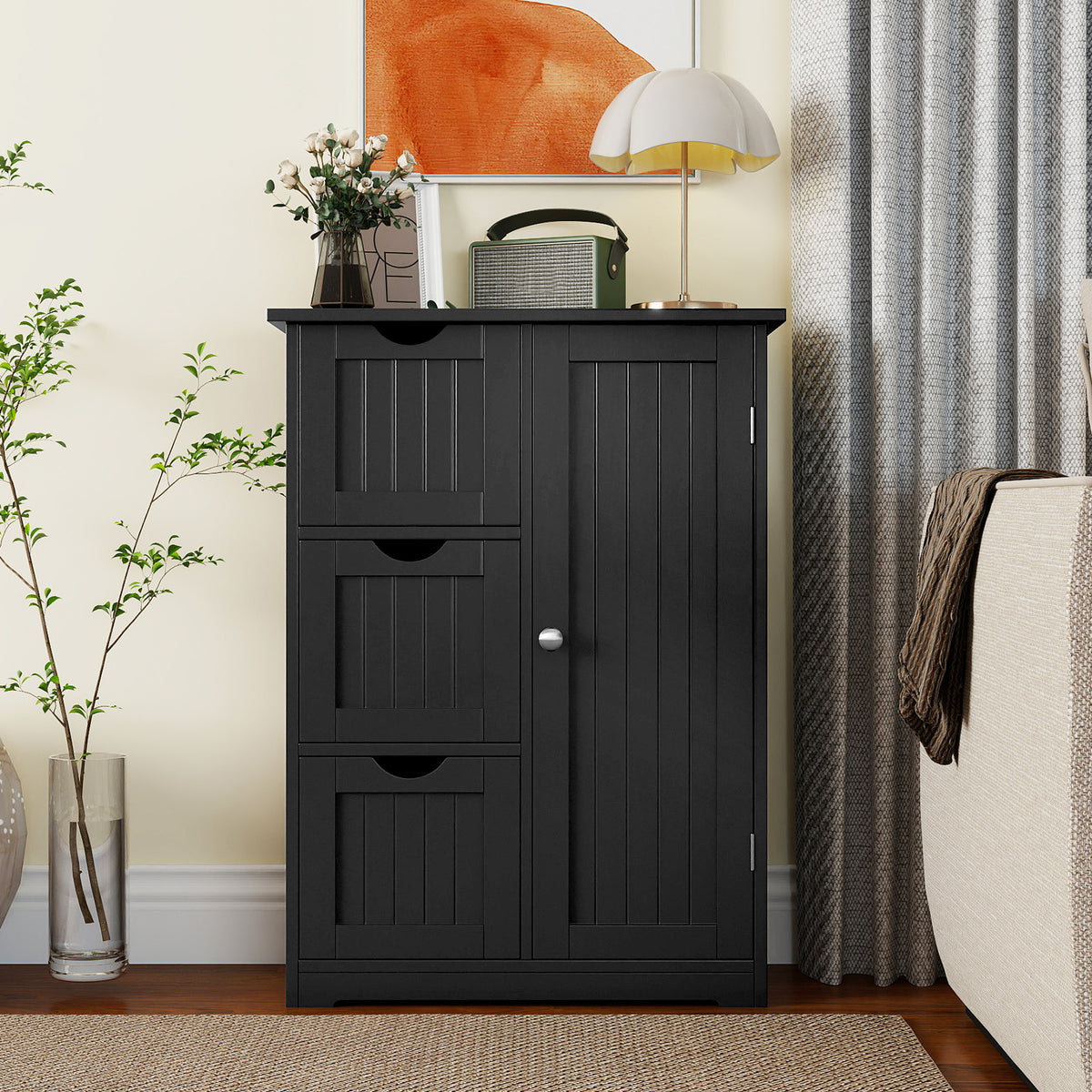 Bathroom Floor Cabinet Side Storage Cabinet with 3 Drawers and 1 Cupboard-Black-Floor Cabinets-DECOROLALA