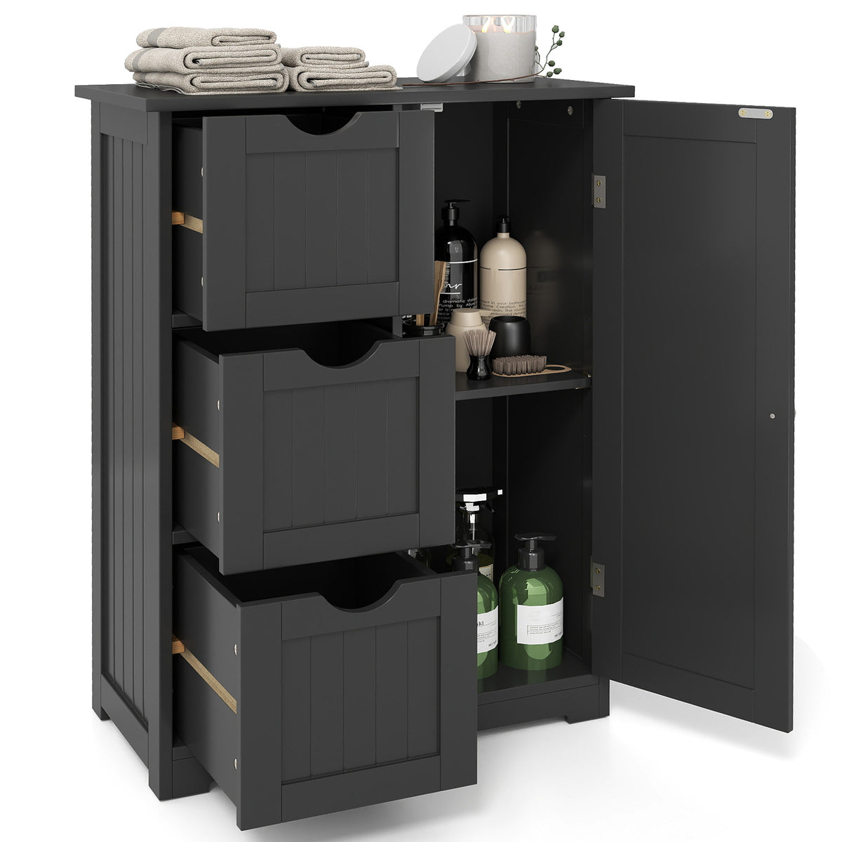 Bathroom Floor Cabinet Side Storage Cabinet with 3 Drawers and 1 Cupboard-Black-Floor Cabinets-DECOROLALA