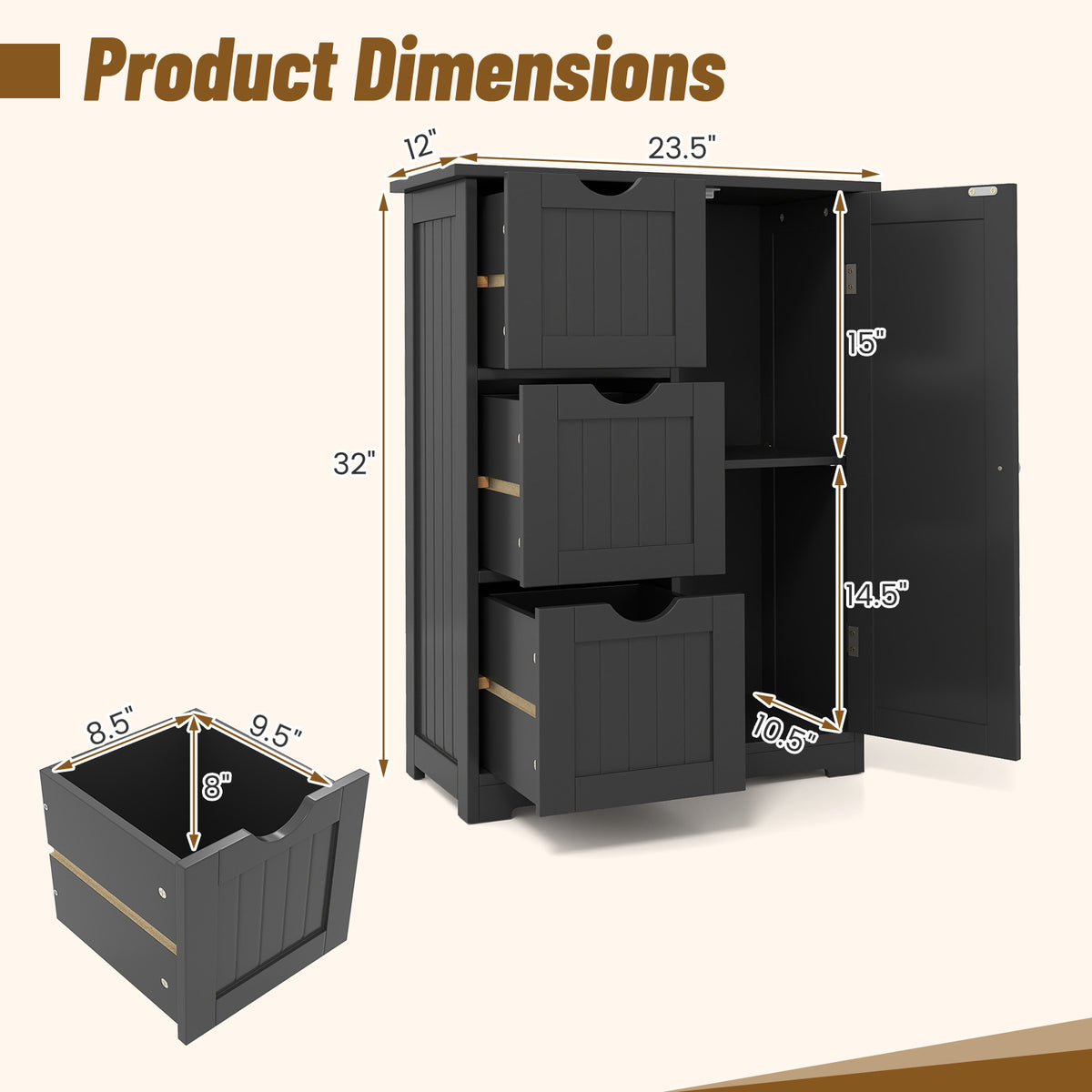 Bathroom Floor Cabinet Side Storage Cabinet with 3 Drawers and 1 Cupboard-Black-Floor Cabinets-DECOROLALA