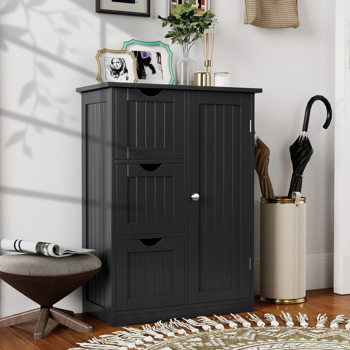 Bathroom Floor Cabinet Side Storage Cabinet with 3 Drawers and 1 Cupboard-Black-Floor Cabinets-DECOROLALA
