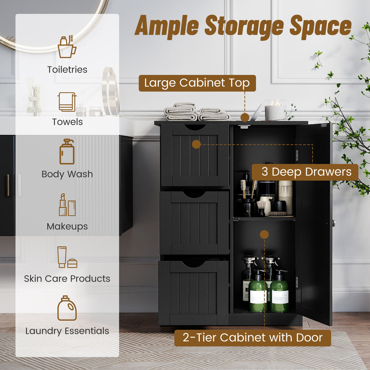 Bathroom Floor Cabinet Side Storage Cabinet with 3 Drawers and 1 Cupboard-Black-Floor Cabinets-DECOROLALA