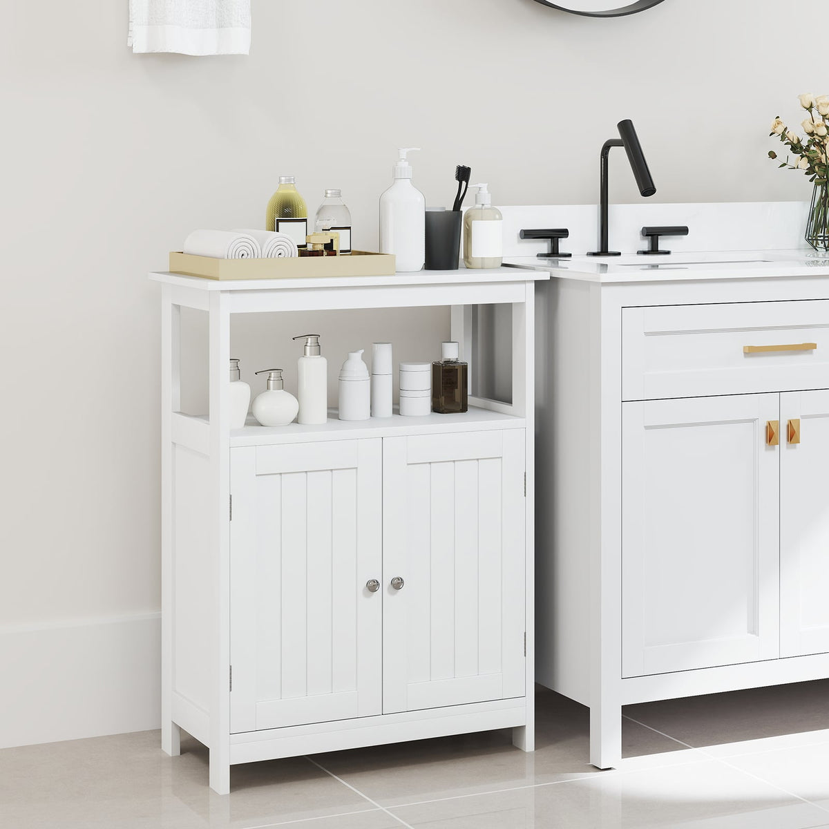 Bathroom Floor Cabinet - White 2-Door Storage Organizer 31.5"-Floor Cabinets-DECOROLALA