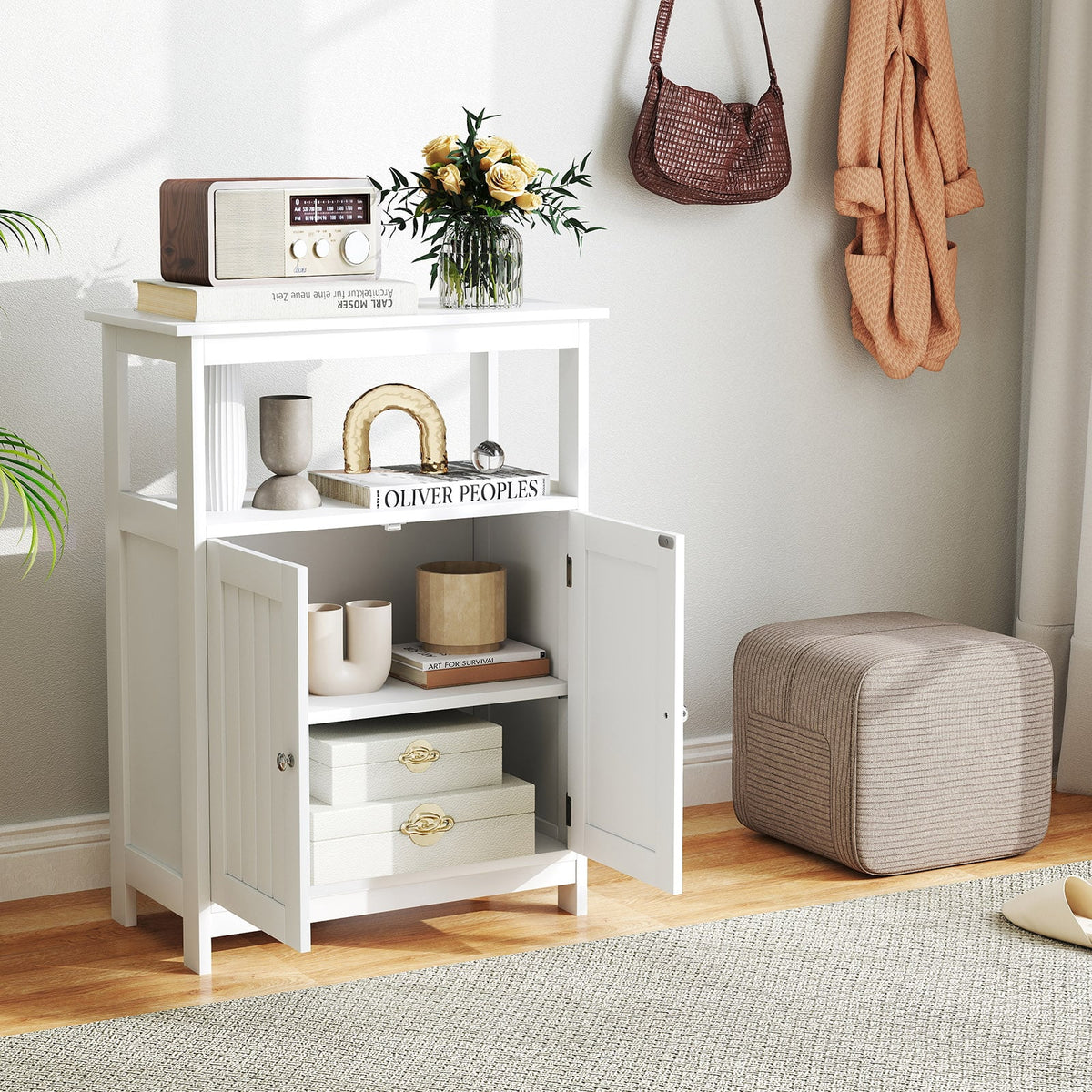 Bathroom Floor Cabinet - White 2-Door Storage Organizer 31.5"-Floor Cabinets-DECOROLALA