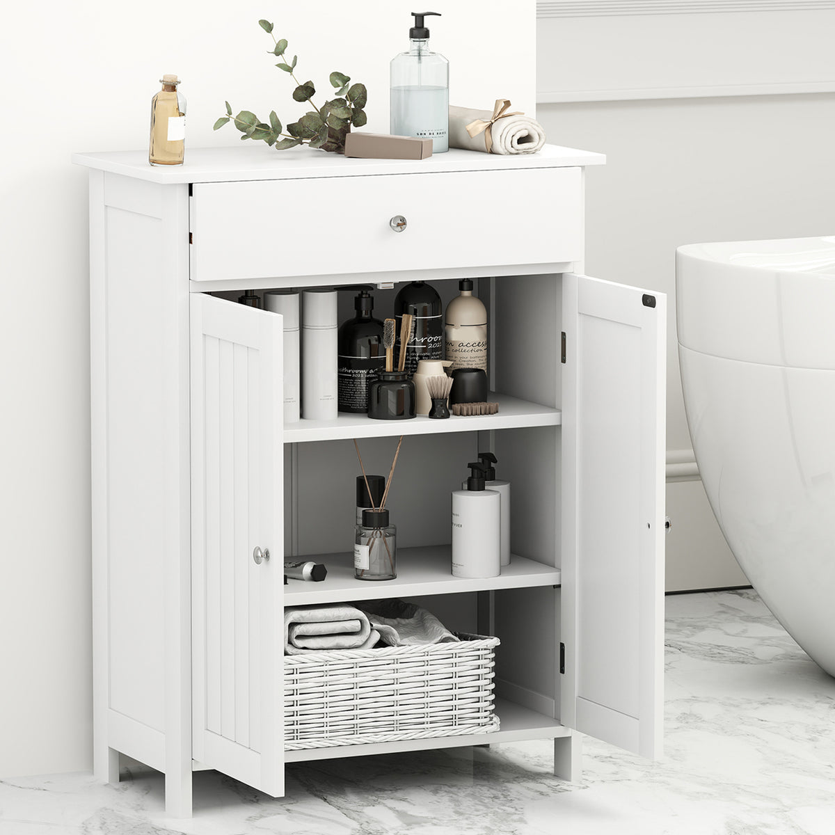 Bathroom Floor Cabinet - White 2-Door Storage Organizer-Floor Cabinets-DECOROLALA