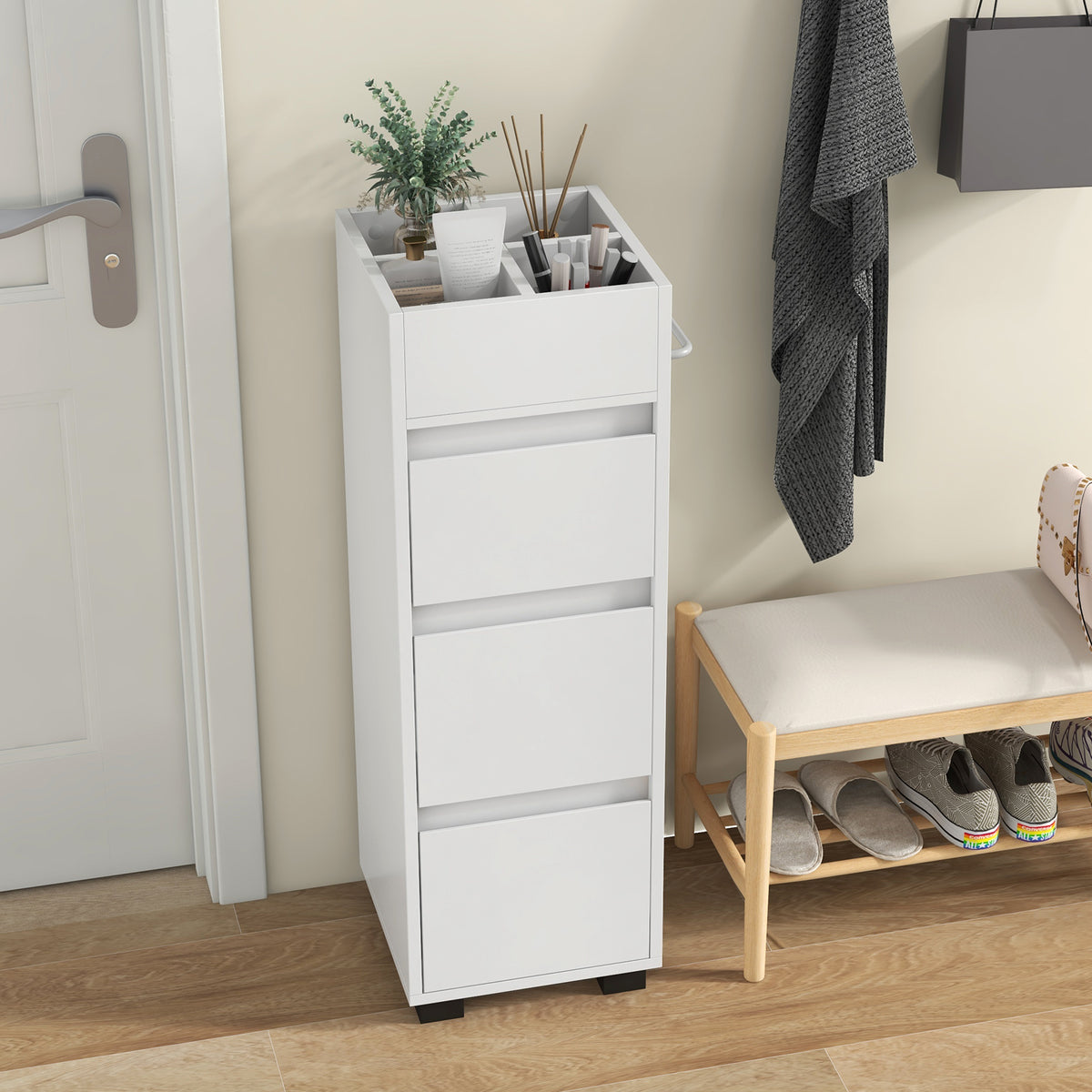 Bathroom Floor Cabinet - White 3-Drawer Storage with Towel Rack-Floor Cabinets-DECOROLALA