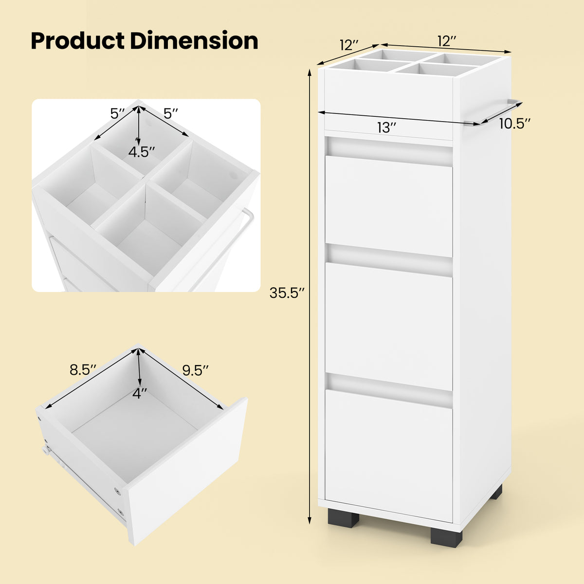 Bathroom Floor Cabinet - White 3-Drawer Storage with Towel Rack-Floor Cabinets-DECOROLALA