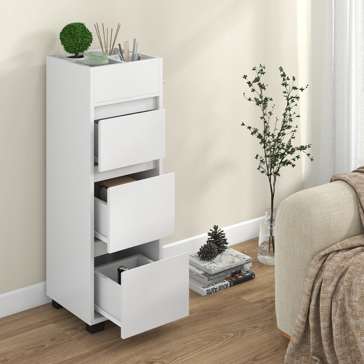 Bathroom Floor Cabinet - White 3-Drawer Storage with Towel Rack-Floor Cabinets-DECOROLALA