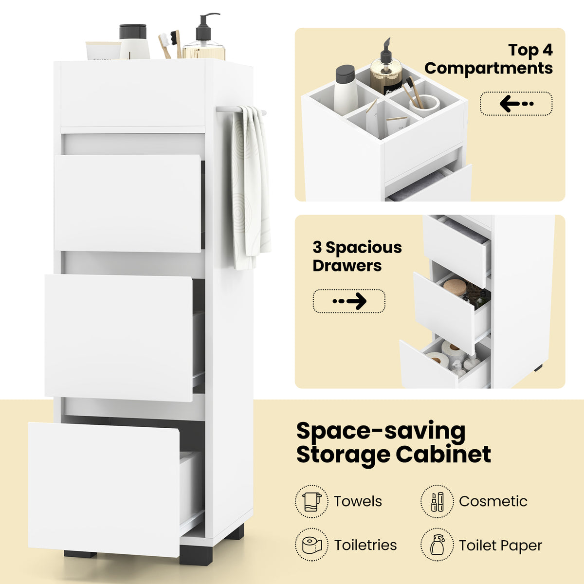 Bathroom Floor Cabinet - White 3-Drawer Storage with Towel Rack-Floor Cabinets-DECOROLALA