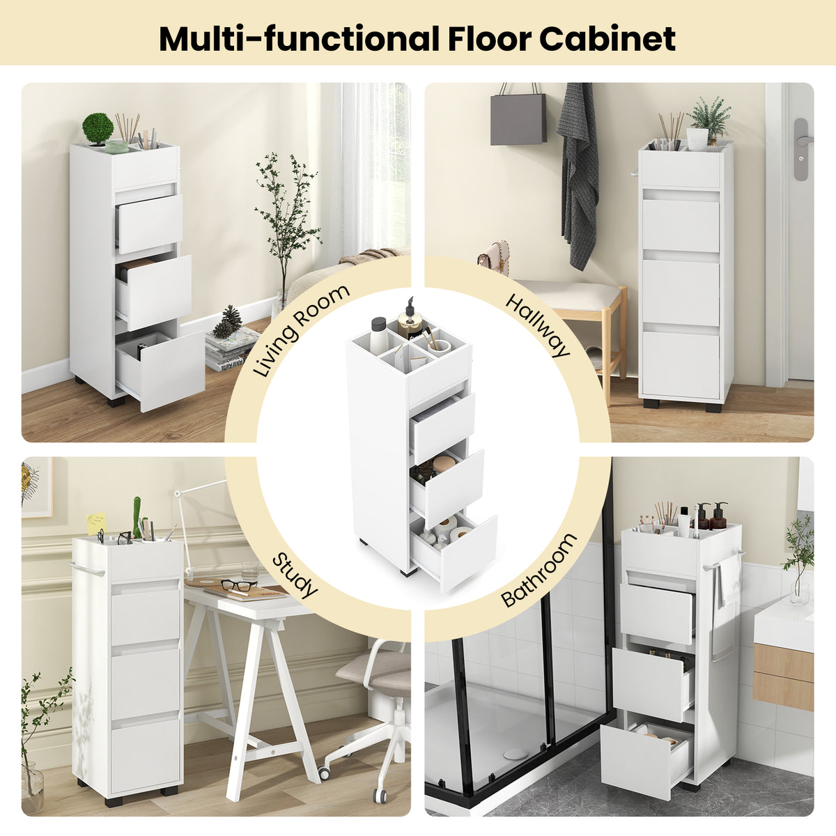 Bathroom Floor Cabinet - White 3-Drawer Storage with Towel Rack-Floor Cabinets-DECOROLALA