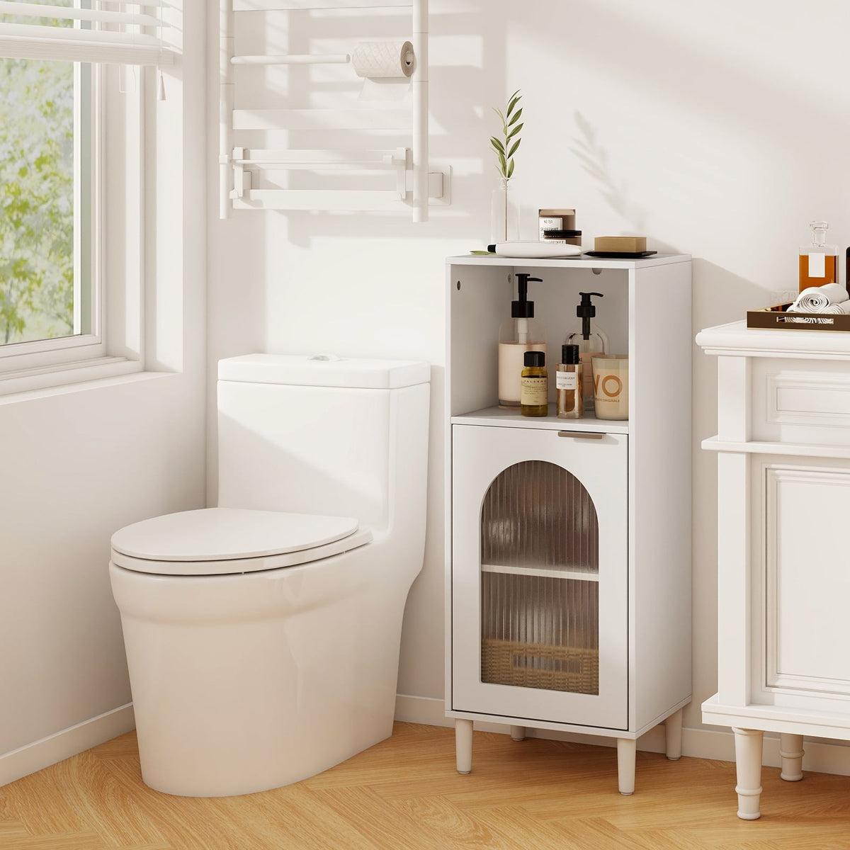 Bathroom Floor Cabinet - White Wood Storage Organizer 35.5"-Bathroom Floor Cabinets-DECOROLALA