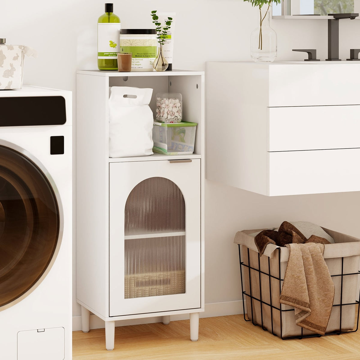 Bathroom Floor Cabinet - White Wood Storage Organizer 35.5"-Floor Cabinets-DECOROLALA