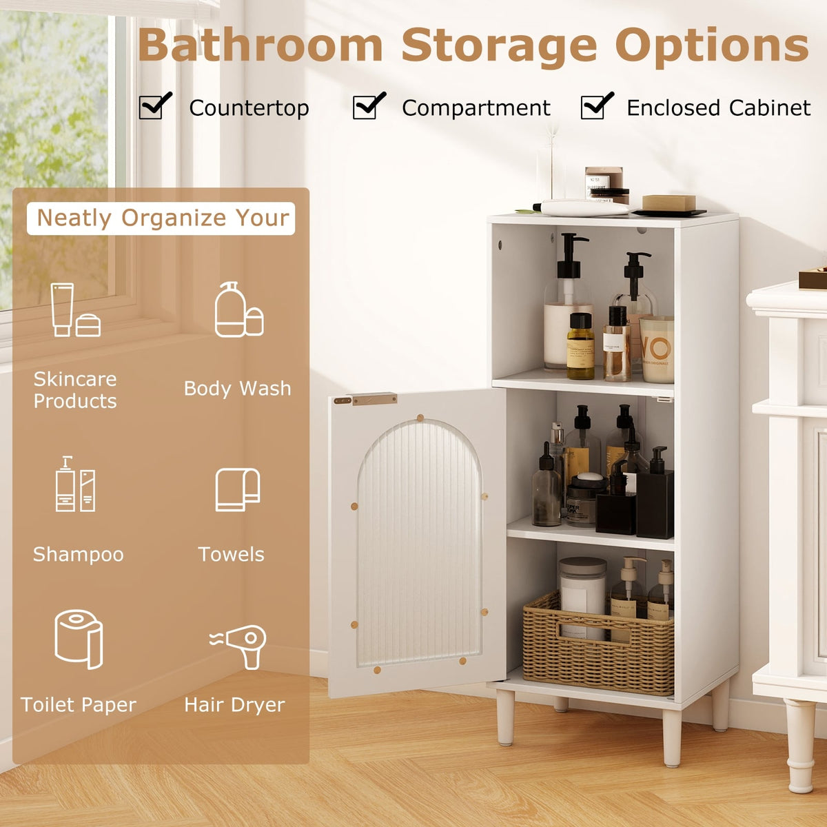 Bathroom Floor Cabinet - White Wood Storage Organizer 35.5"-Floor Cabinets-DECOROLALA