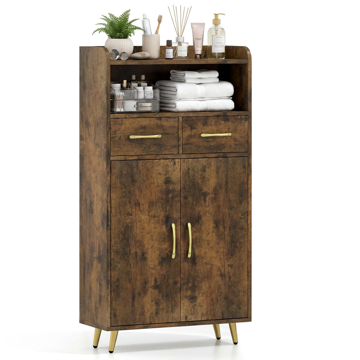 Bathroom Floor Cabinet with 2 Drawers & Doors - Rustic Brown-Bathroom Floor Cabinets-DECOROLALA
