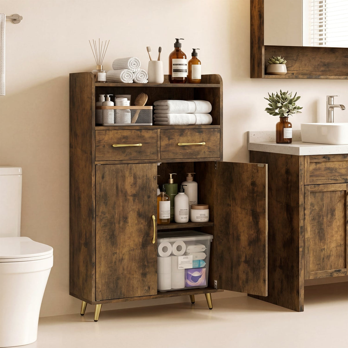 Bathroom Floor Cabinet with 2 Drawers & Doors - Rustic Brown-Floor Cabinets-DECOROLALA