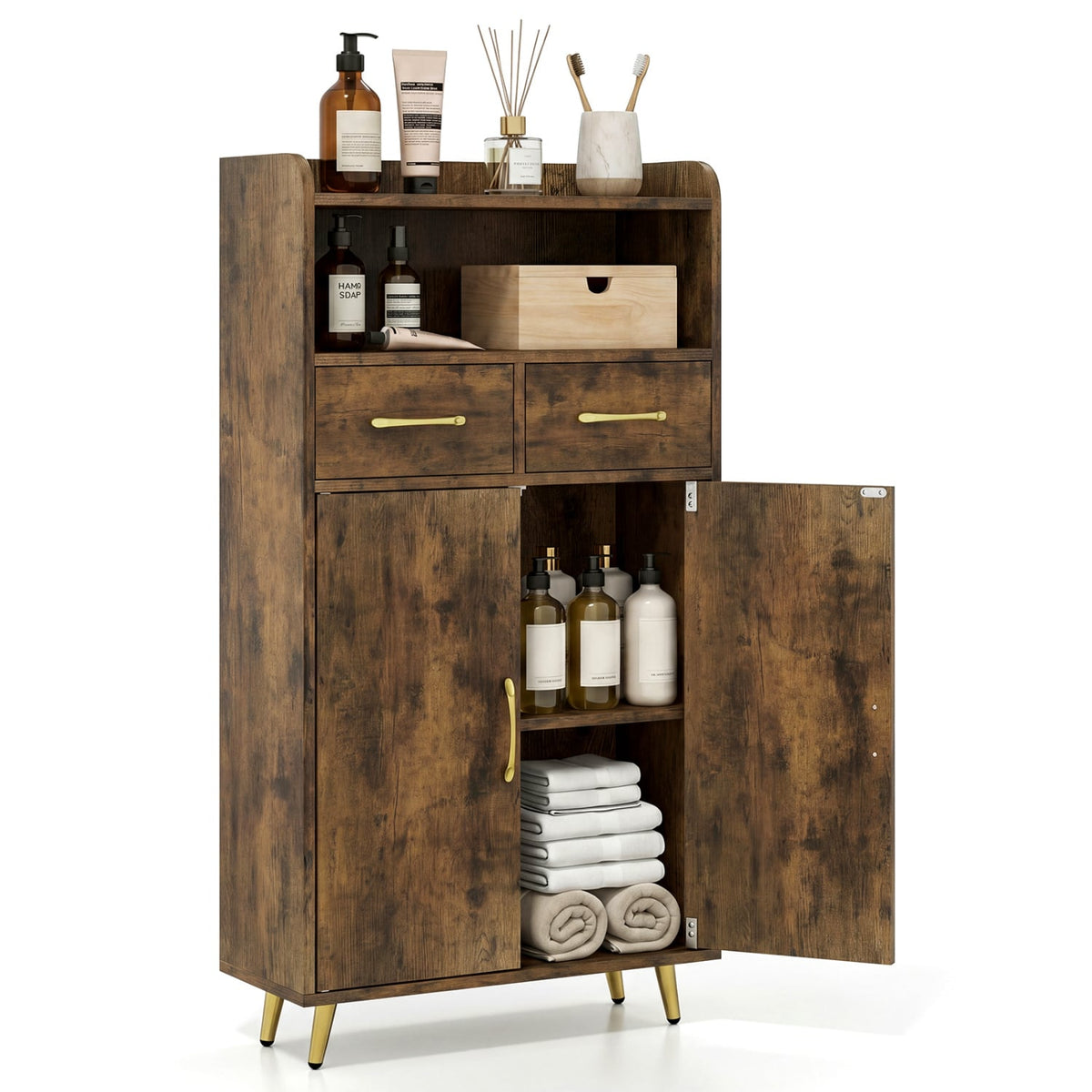 Bathroom Floor Cabinet with 2 Drawers & Doors - Rustic Brown-Floor Cabinets-DECOROLALA