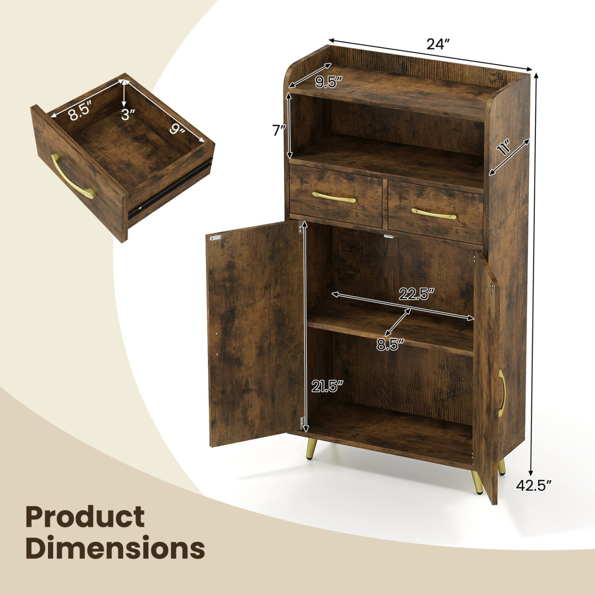 Bathroom Floor Cabinet with 2 Drawers & Doors - Rustic Brown-Floor Cabinets-DECOROLALA