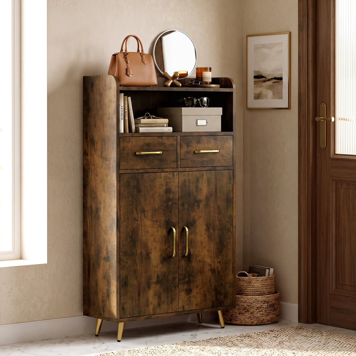 Bathroom Floor Cabinet with 2 Drawers & Doors - Rustic Brown-Floor Cabinets-DECOROLALA