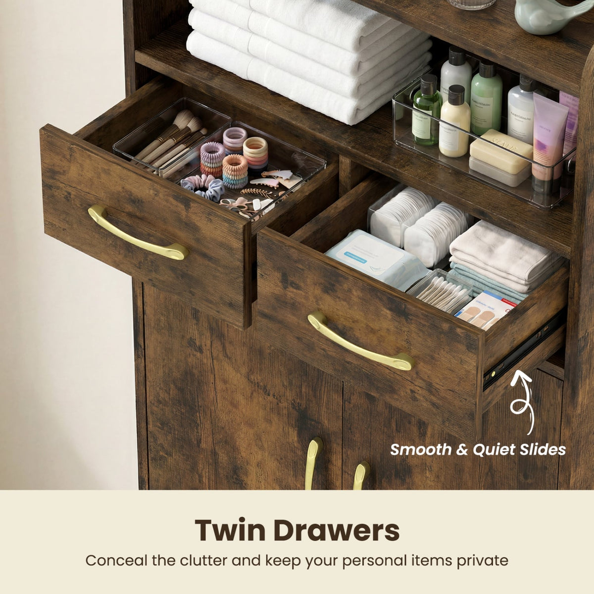 Bathroom Floor Cabinet with 2 Drawers & Doors - Rustic Brown-Floor Cabinets-DECOROLALA