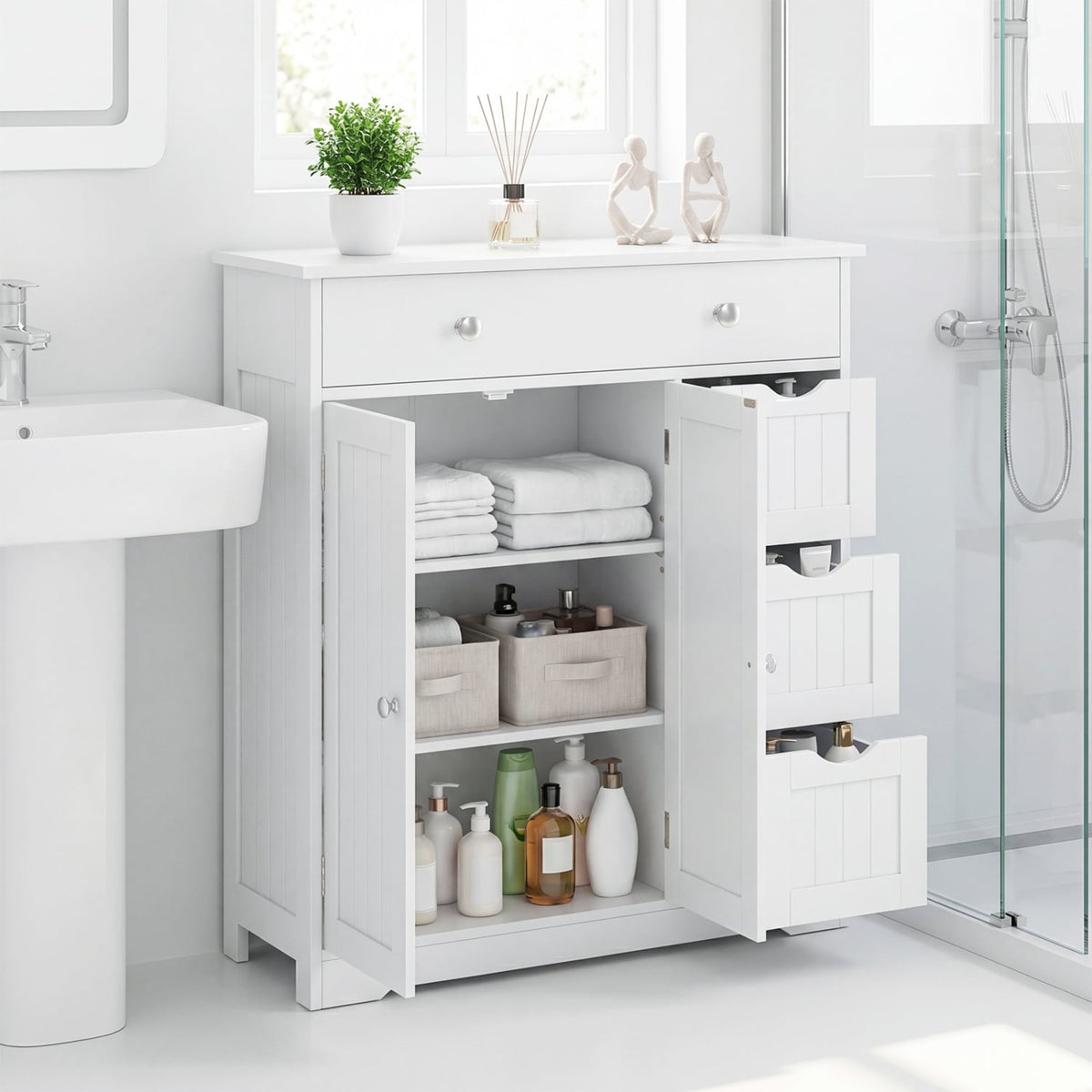 Bathroom Floor Cabinet with 4 Drawers & 2 Doors - White 32" H-Floor Cabinets-DECOROLALA