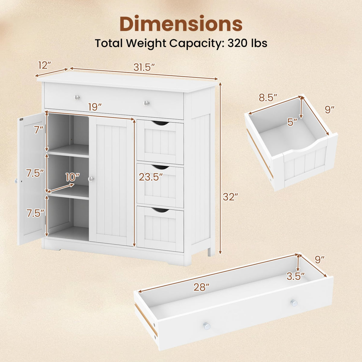Bathroom Floor Cabinet with 4 Drawers & 2 Doors - White 32" H-Floor Cabinets-DECOROLALA