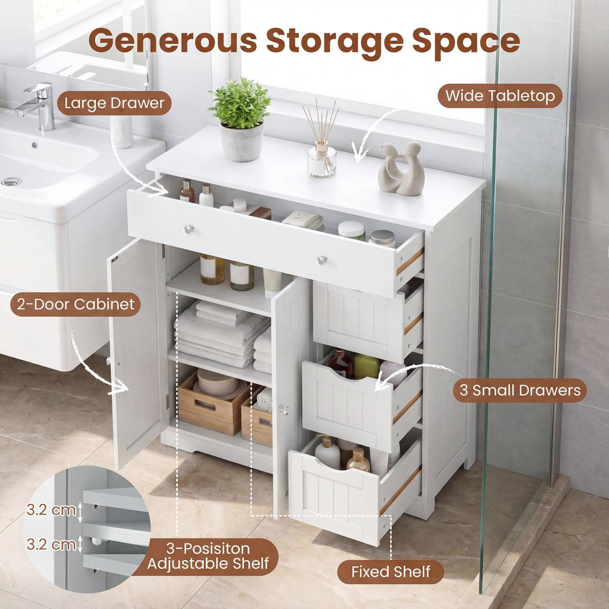 Bathroom Floor Cabinet with 4 Drawers & 2 Doors - White 32" H-Floor Cabinets-DECOROLALA