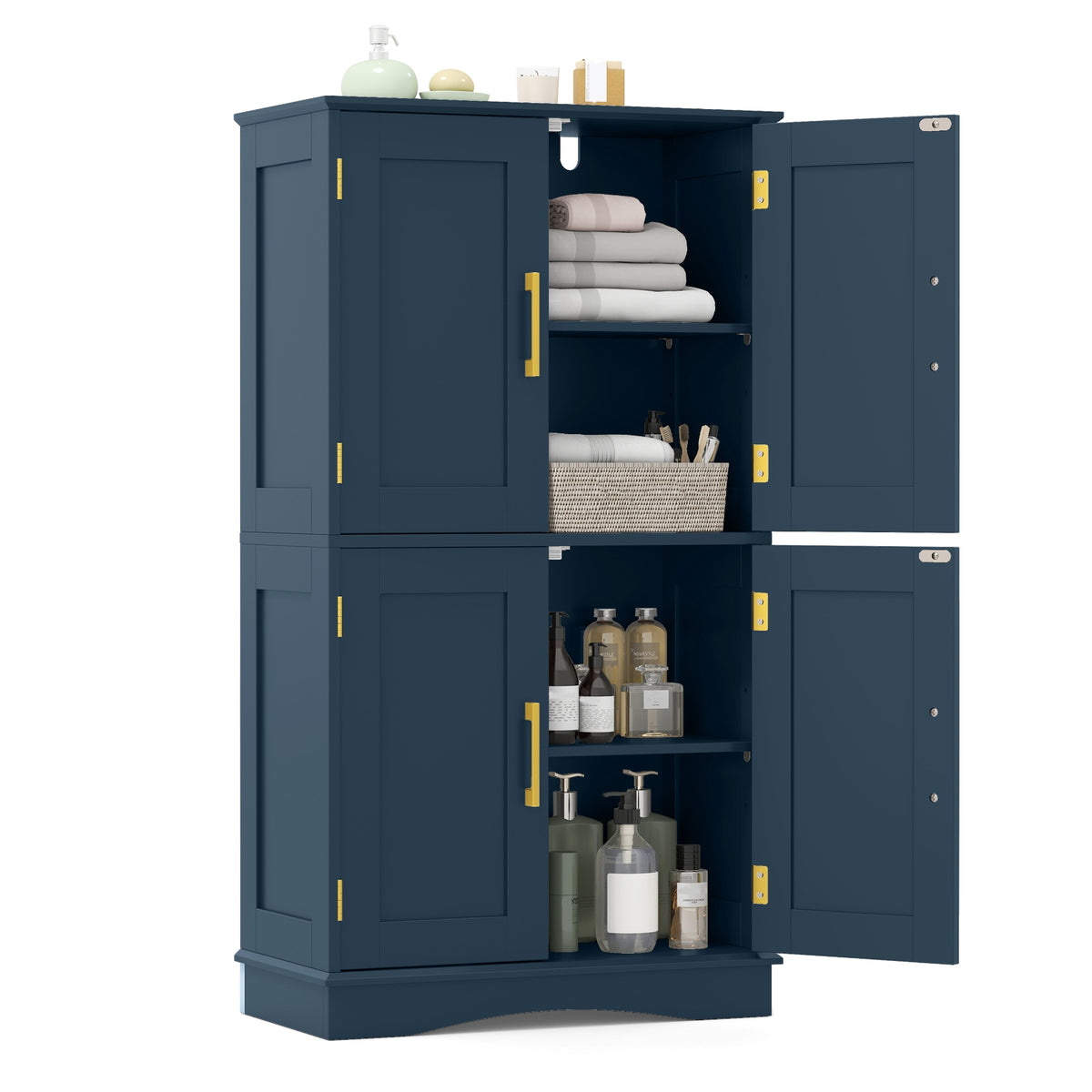 Bathroom Floor Storage Cabinet - 4 Doors 2 Shelves Blue-Floor Cabinets-DECOROLALA