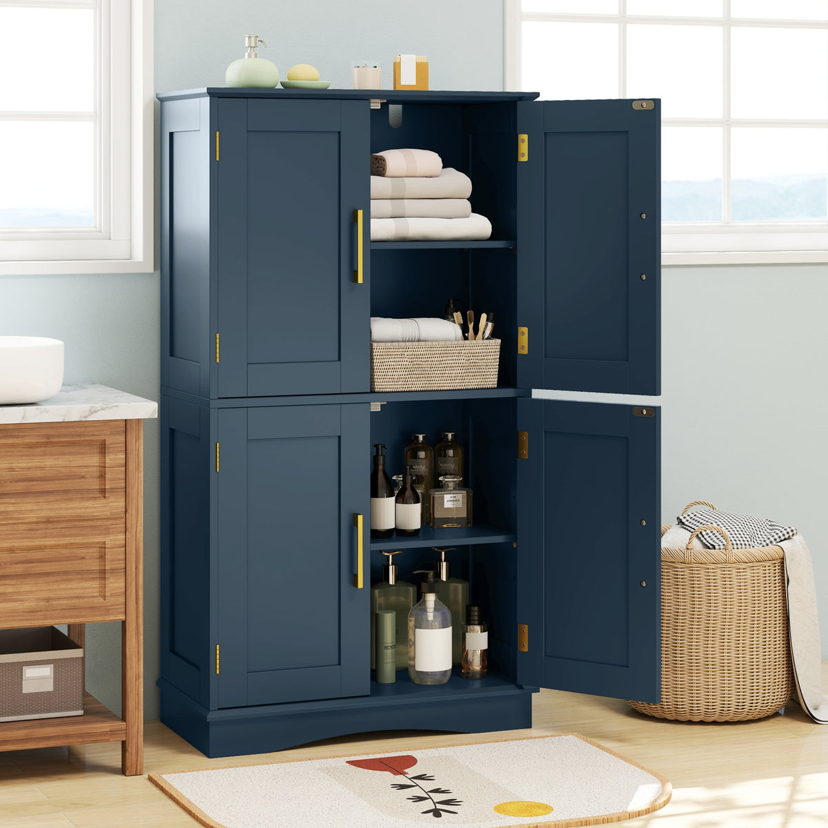 Bathroom Floor Storage Cabinet - 4 Doors 2 Shelves Blue-Floor Cabinets-DECOROLALA