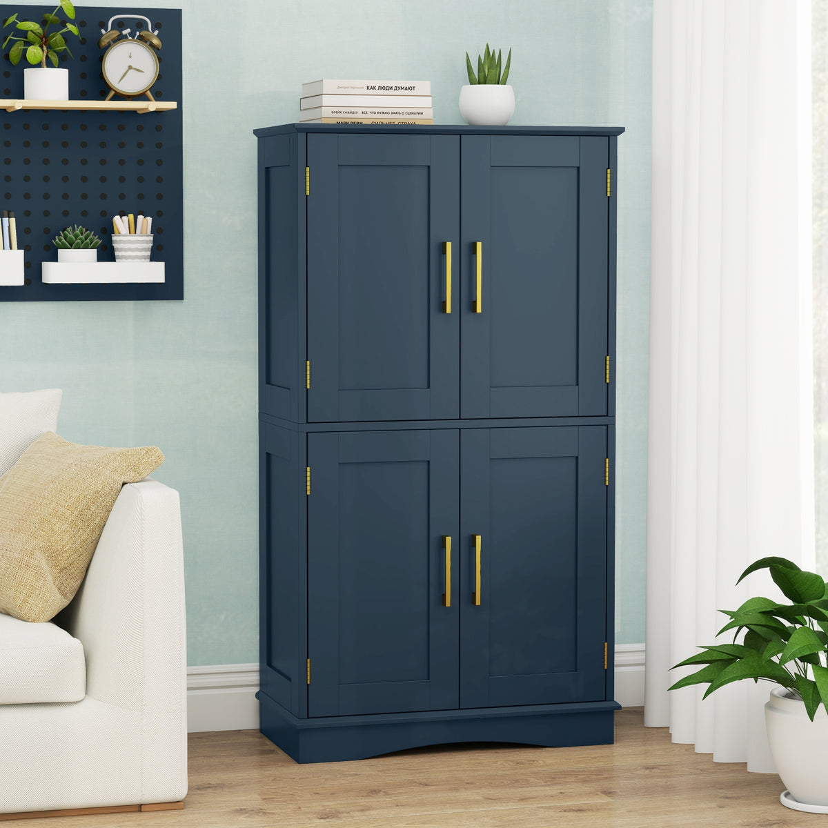 Bathroom Floor Storage Cabinet - 4 Doors 2 Shelves Blue-Floor Cabinets-DECOROLALA