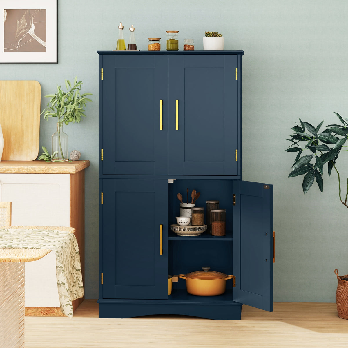 Bathroom Floor Storage Cabinet - 4 Doors 2 Shelves Blue-Floor Cabinets-DECOROLALA