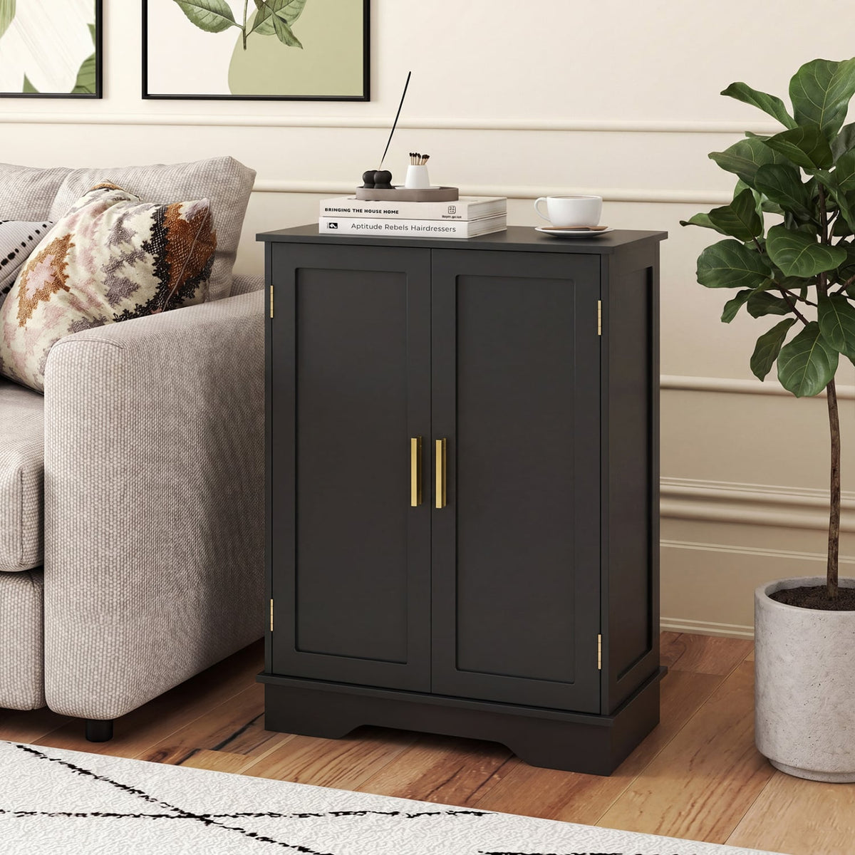 Bathroom Floor Storage Cabinet - Black 2-Door Adjustable Shelf-Floor Cabinets-DECOROLALA