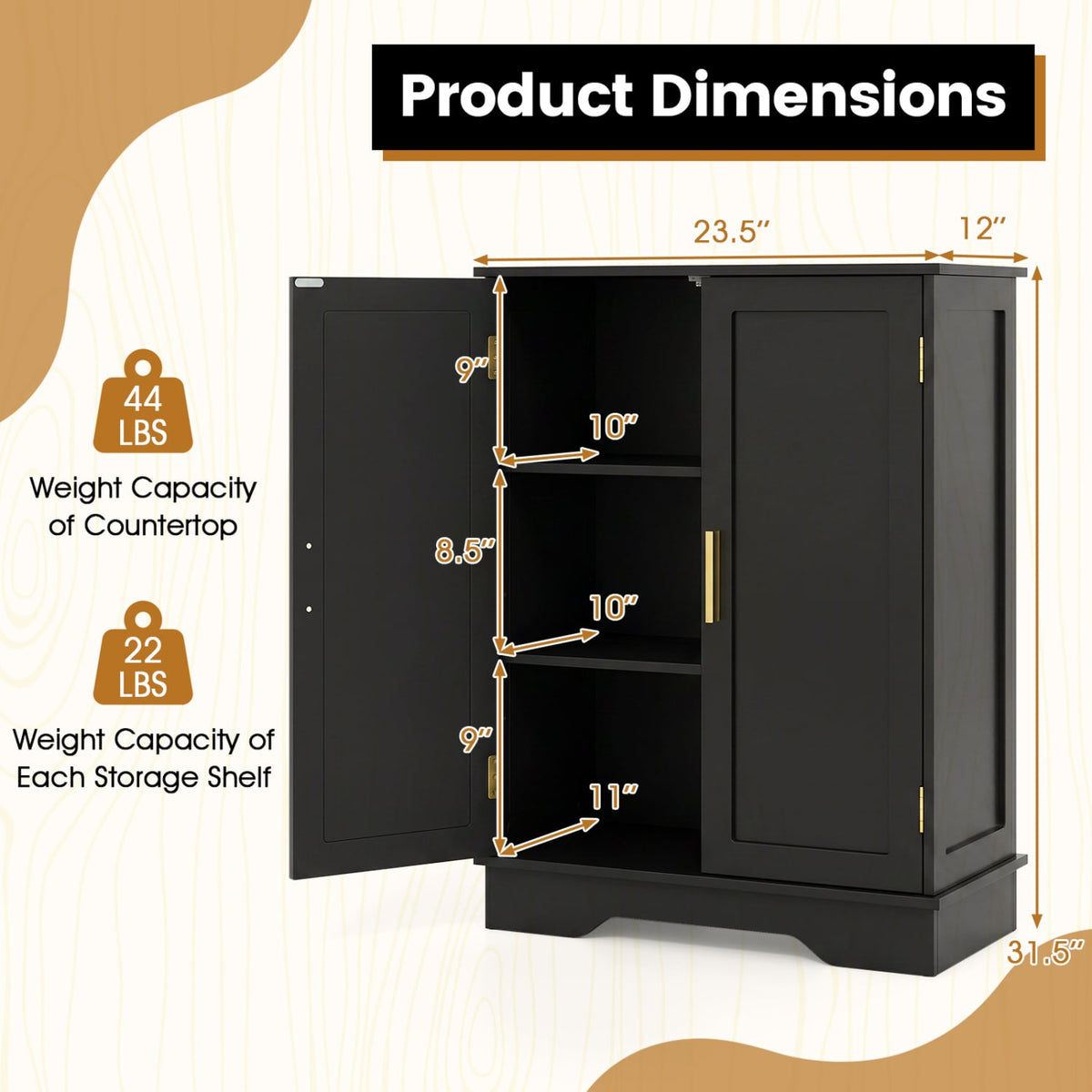 Bathroom Floor Storage Cabinet - Black 2-Door Adjustable Shelf-Floor Cabinets-DECOROLALA