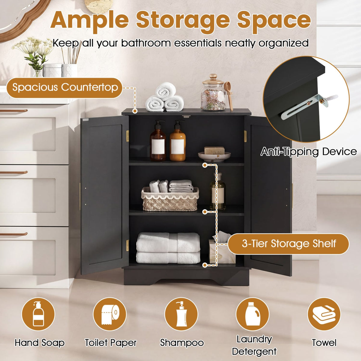 Bathroom Floor Storage Cabinet - Black 2-Door Adjustable Shelf-Floor Cabinets-DECOROLALA