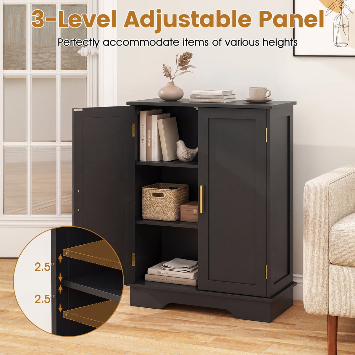 Bathroom Floor Storage Cabinet - Black 2-Door Adjustable Shelf-Floor Cabinets-DECOROLALA