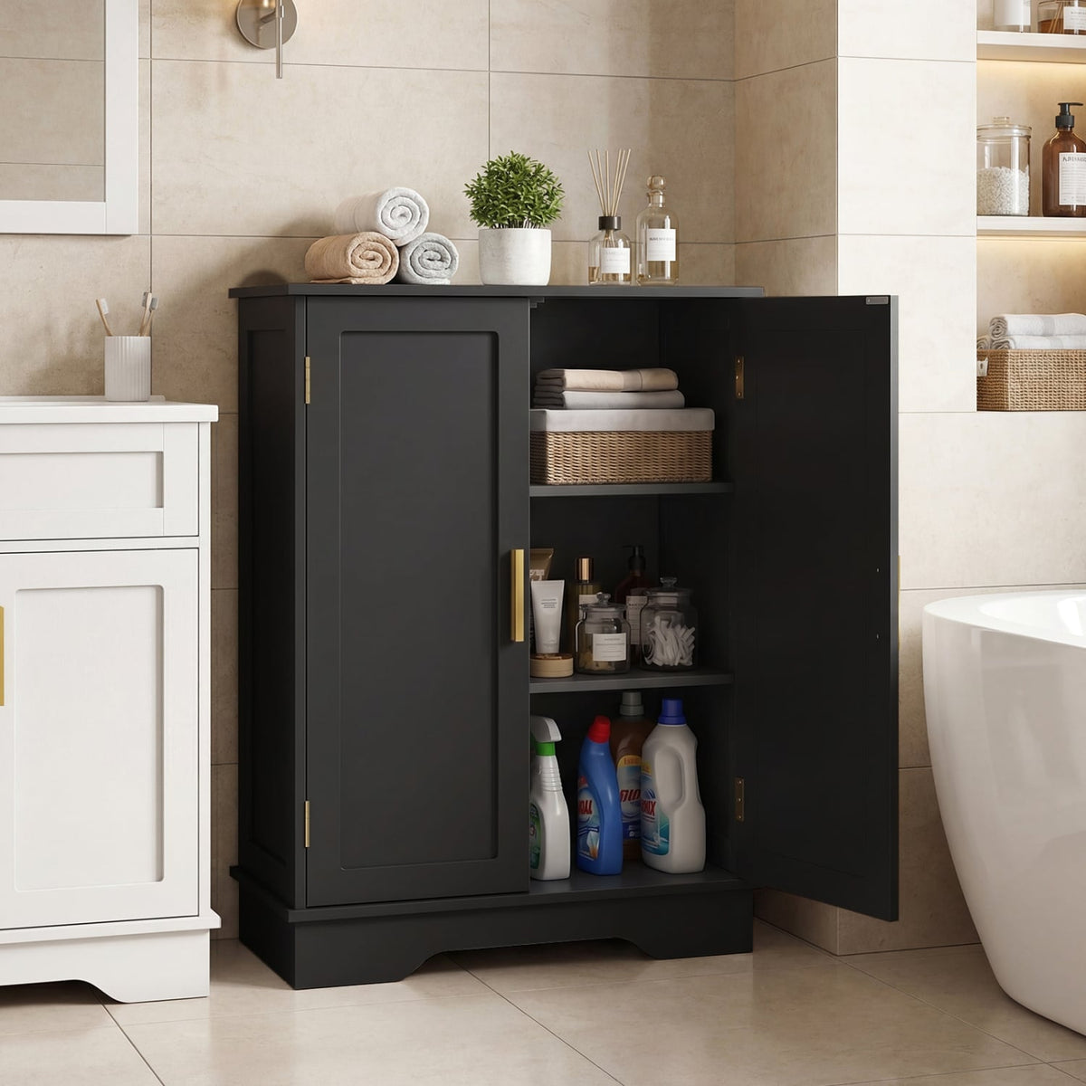 Bathroom Floor Storage Cabinet - Black 2-Door Adjustable Shelf-Floor Cabinets-DECOROLALA