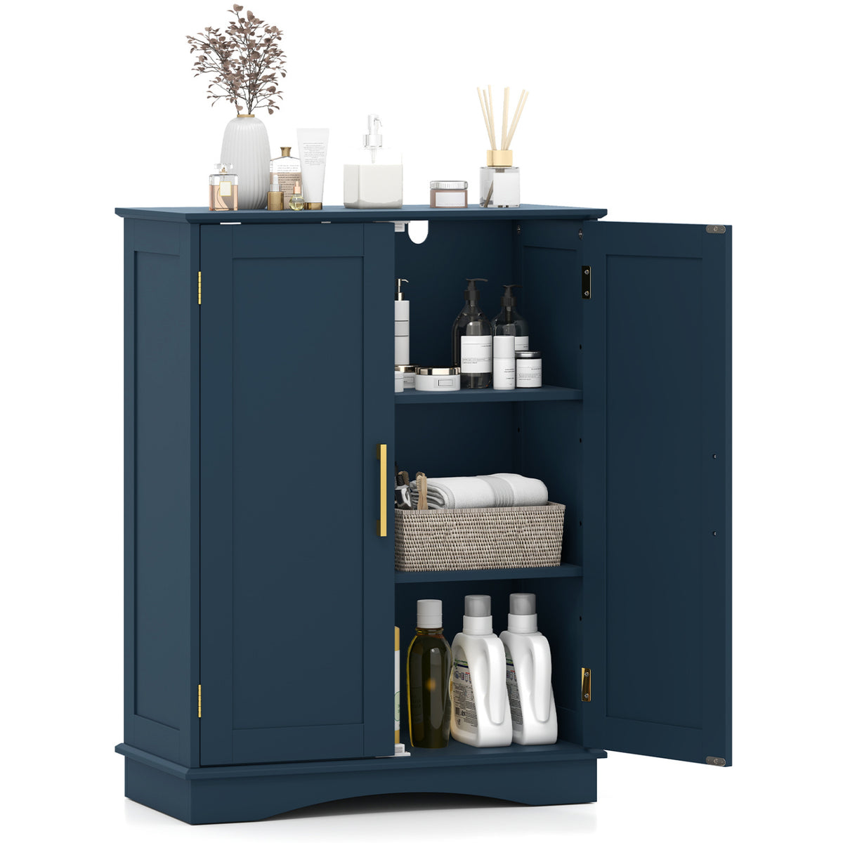 Bathroom Floor Storage Cabinet - Blue 2-Door Adjustable Shelf-Floor Cabinets-DECOROLALA