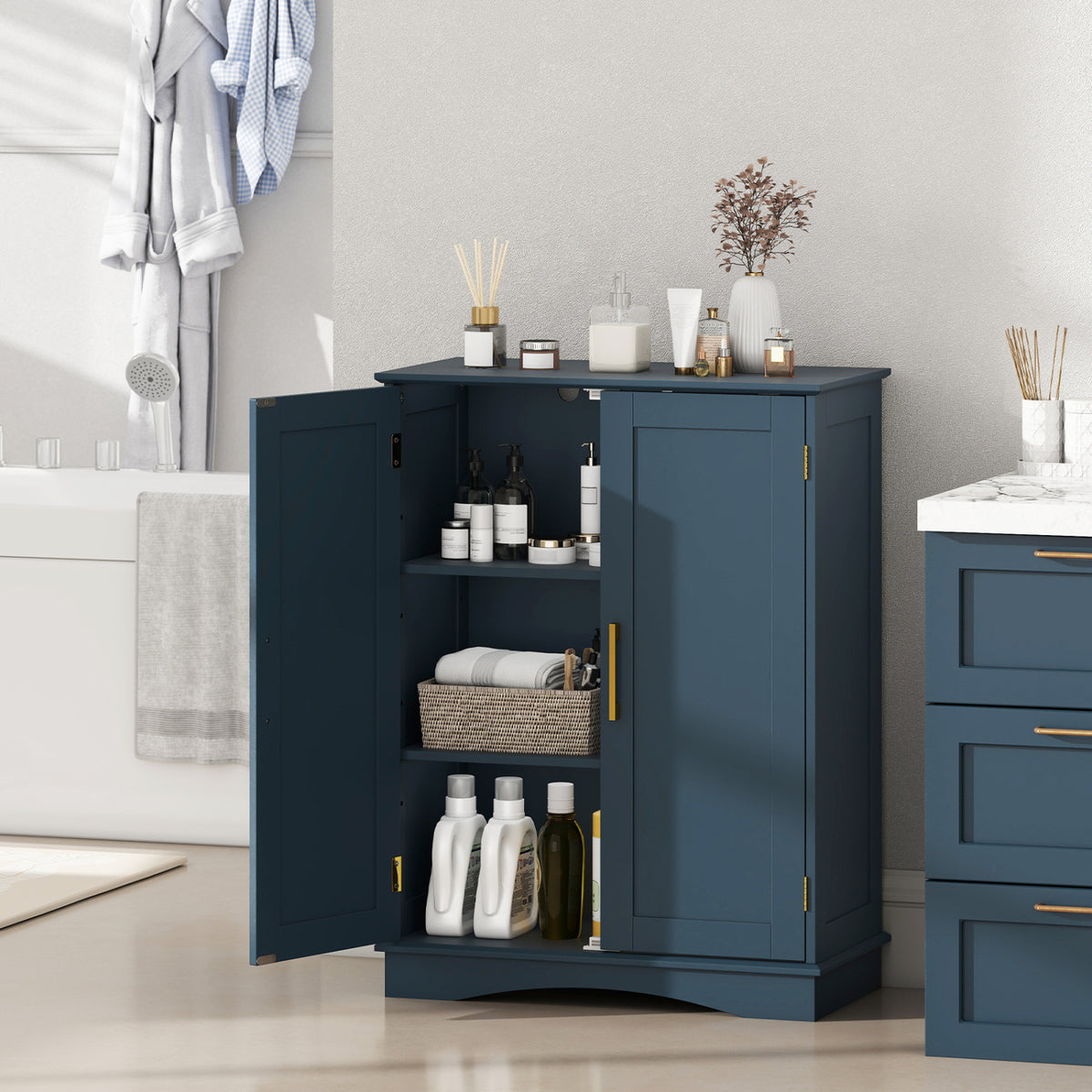 Bathroom Floor Storage Cabinet - Blue 2-Door Adjustable Shelf-Floor Cabinets-DECOROLALA