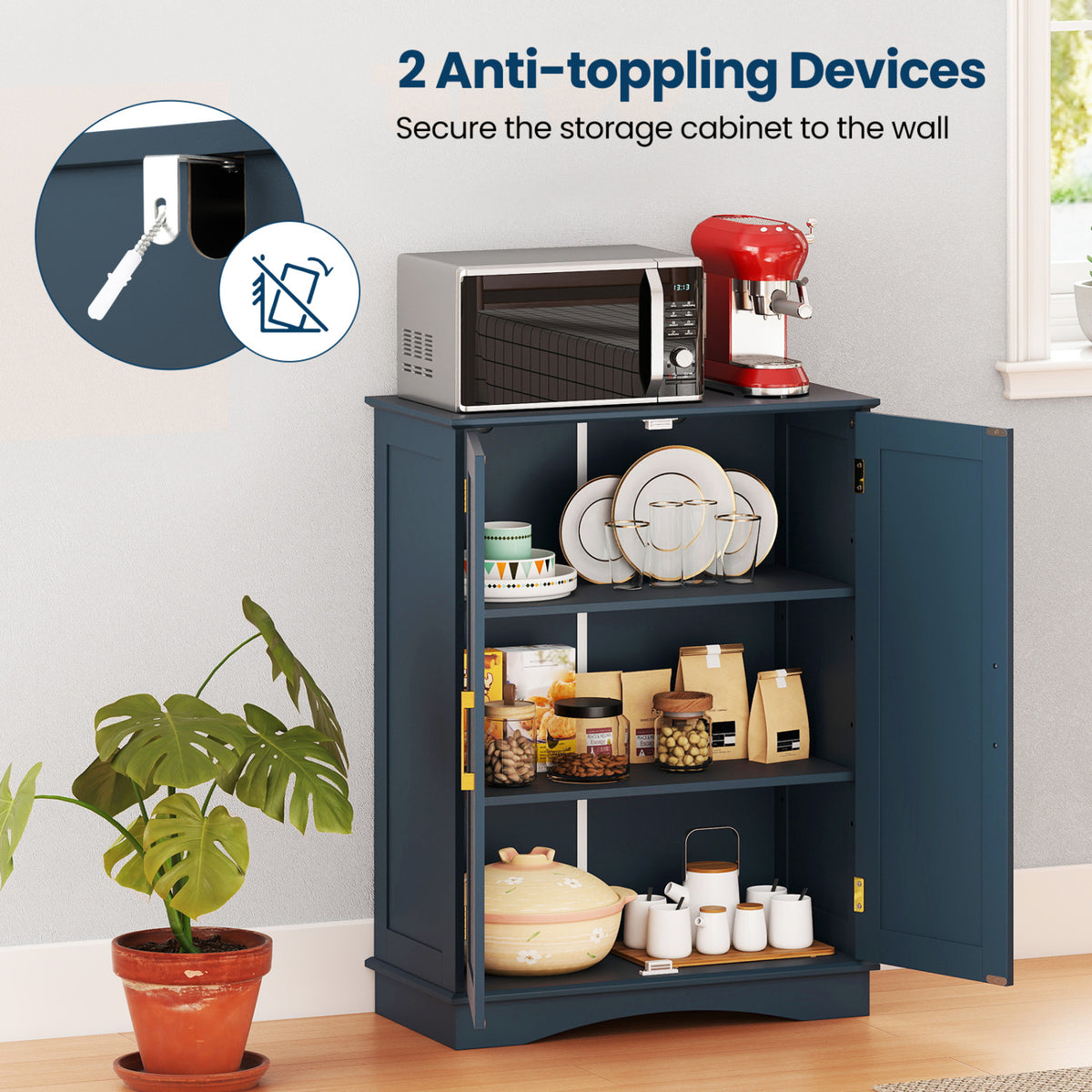Bathroom Floor Storage Cabinet - Blue 2-Door Adjustable Shelf-Floor Cabinets-DECOROLALA
