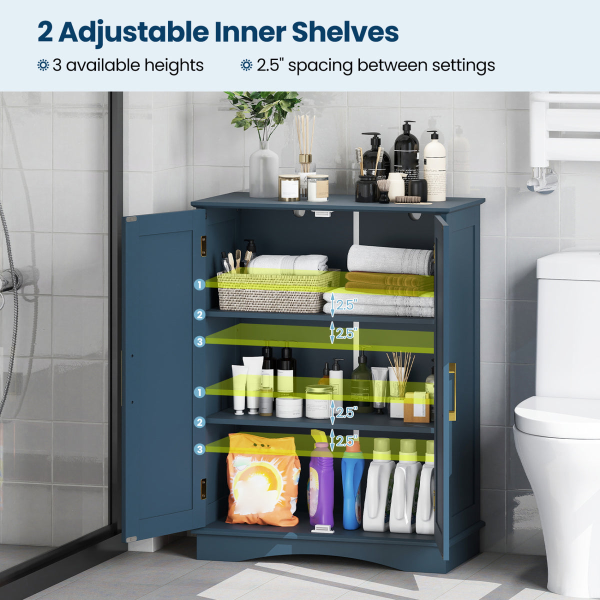 Bathroom Floor Storage Cabinet - Blue 2-Door Adjustable Shelf-Floor Cabinets-DECOROLALA