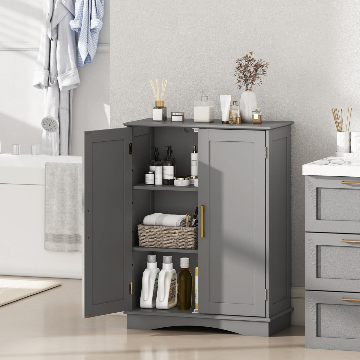 Bathroom Floor Storage Cabinet - Gray 2-Door Adjustable Shelf-Floor Cabinets-DECOROLALA