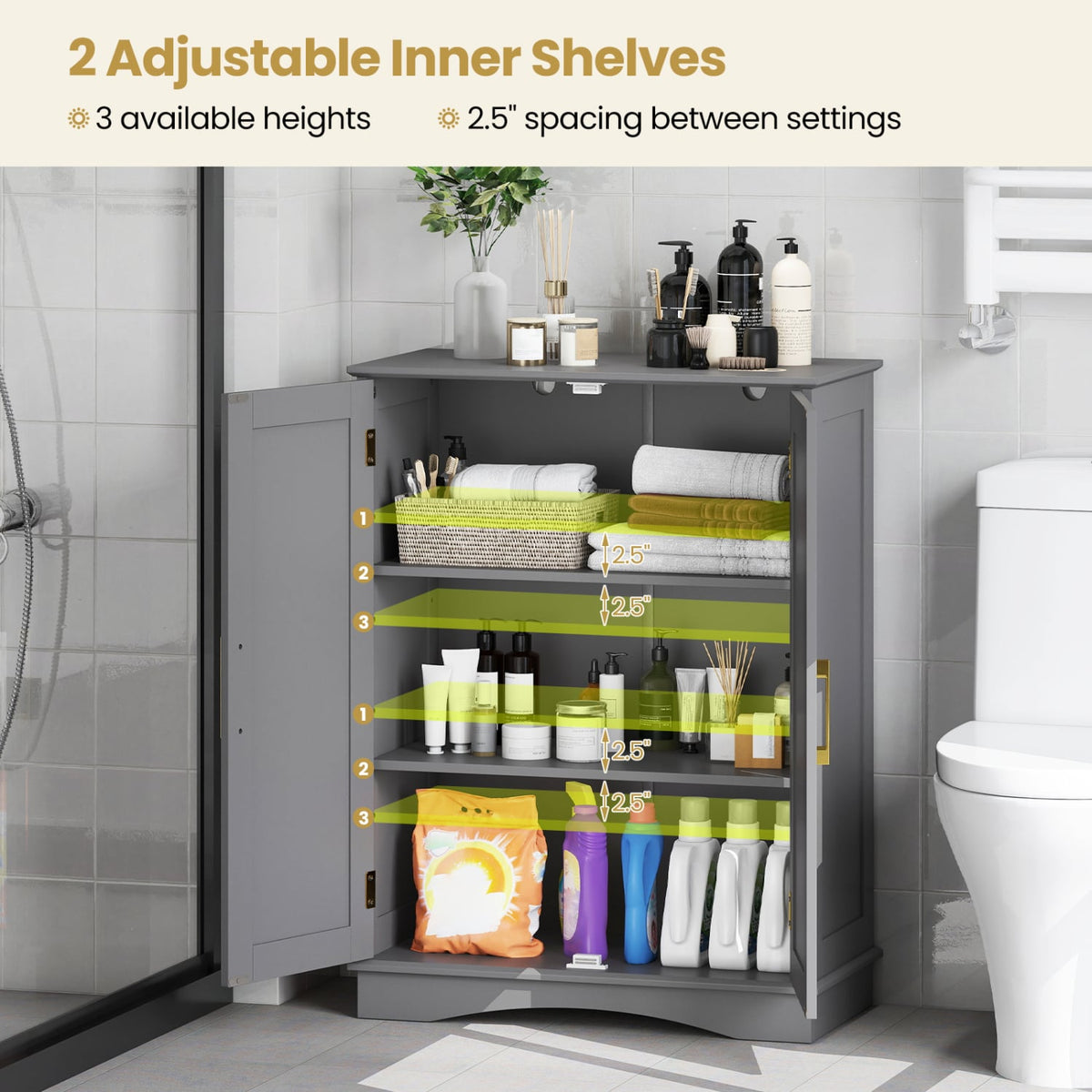 Bathroom Floor Storage Cabinet - Gray 2-Door Adjustable Shelf-Floor Cabinets-DECOROLALA