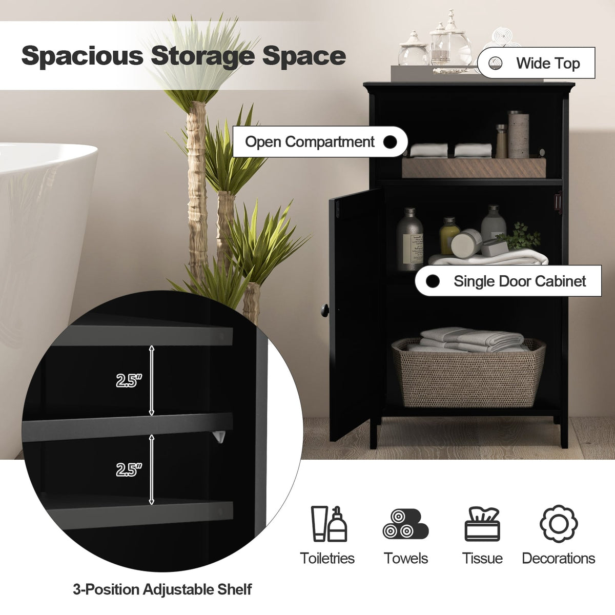 Bathroom Floor Storage Cabinet - White MDF with Adjustable Shelf-Floor Cabinets-DECOROLALA