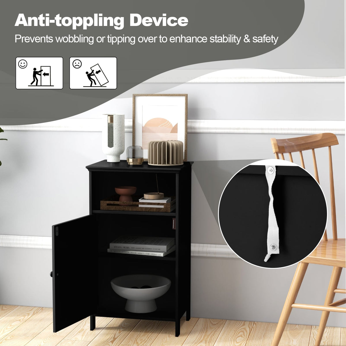 Bathroom Floor Storage Cabinet - White MDF with Adjustable Shelf-Floor Cabinets-DECOROLALA