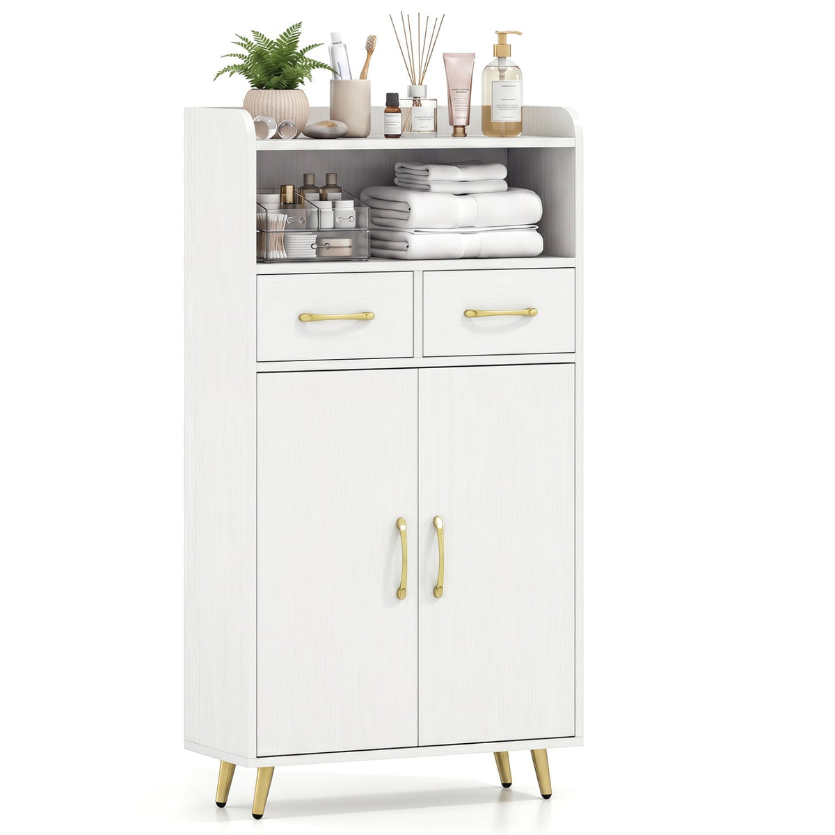 Bathroom Floor Storage Cabinet with 2 Drawers & 2 Doors - White-Floor Cabinets-DECOROLALA