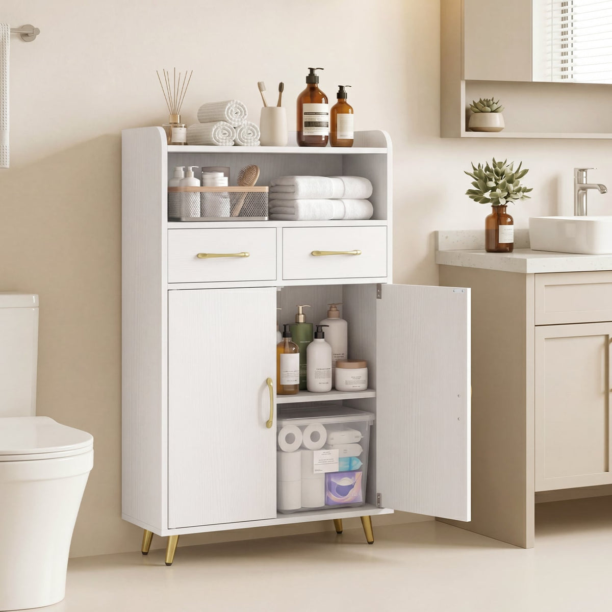 Bathroom Floor Storage Cabinet with 2 Drawers & 2 Doors - White-Floor Cabinets-DECOROLALA
