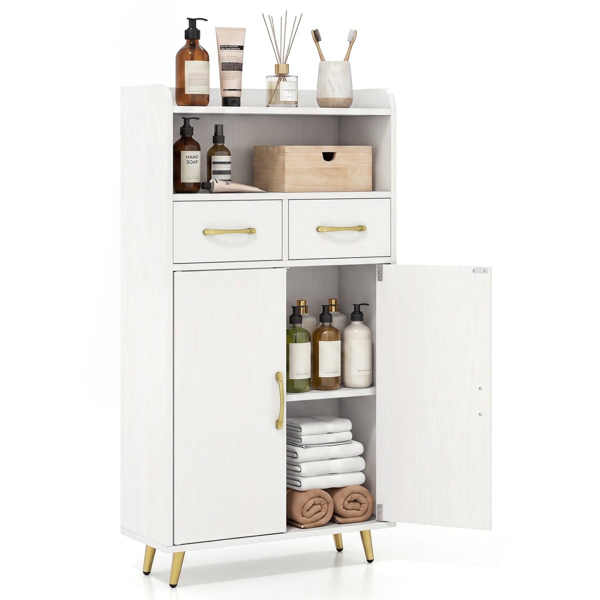 Bathroom Floor Storage Cabinet with 2 Drawers & 2 Doors - White-Floor Cabinets-DECOROLALA