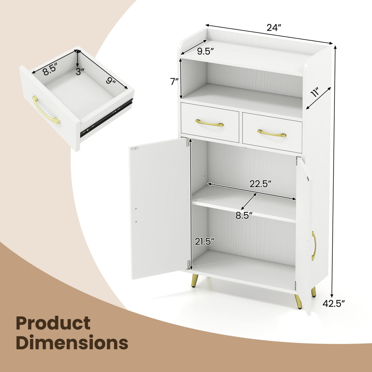 Bathroom Floor Storage Cabinet with 2 Drawers & 2 Doors - White-Floor Cabinets-DECOROLALA