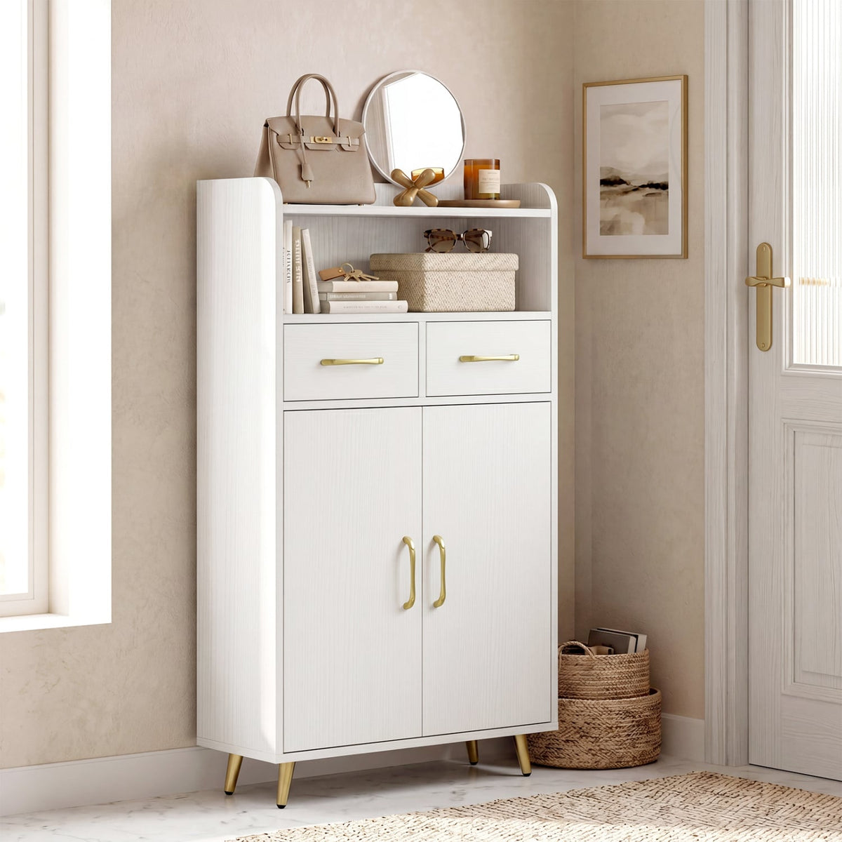 Bathroom Floor Storage Cabinet with 2 Drawers & 2 Doors - White-Floor Cabinets-DECOROLALA
