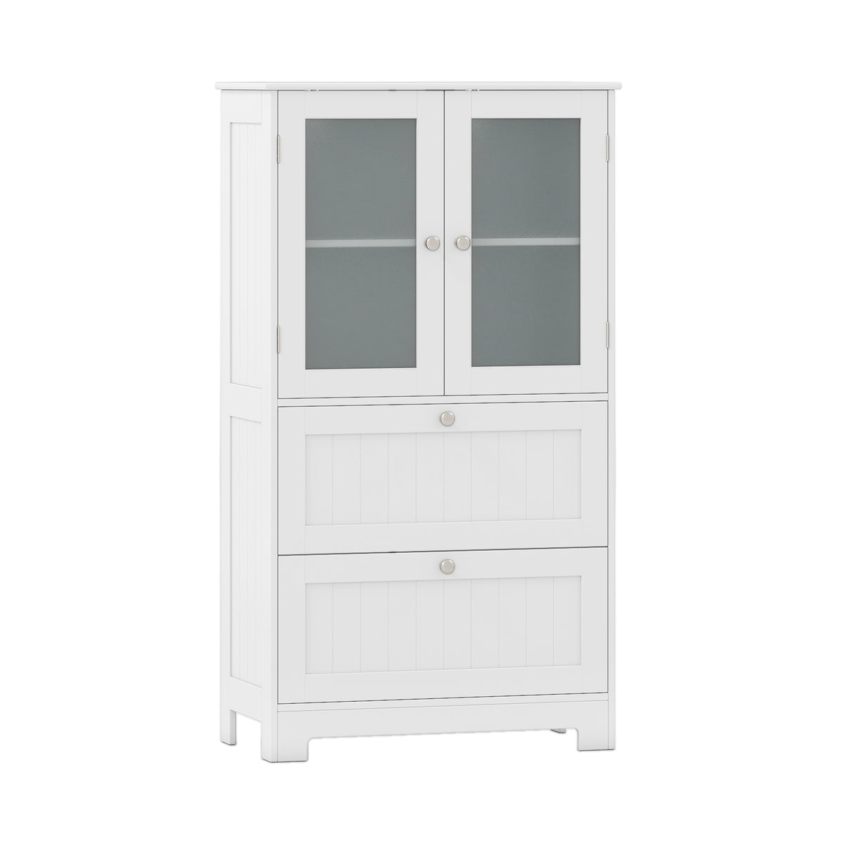 Bathroom Floor Storage Cabinet with 2 Drawers & Glass Doors - White-Floor Cabinets-DECOROLALA